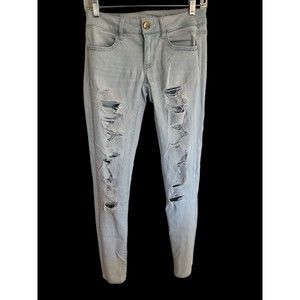 AMERICAN EAGLE Women Size 4 Long Super Stretch Distressed Denim Jeans